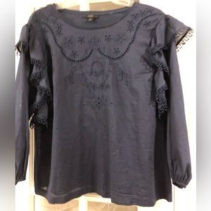 Navy J Crew Large cotton long sleeved blouse with flutter sleeves